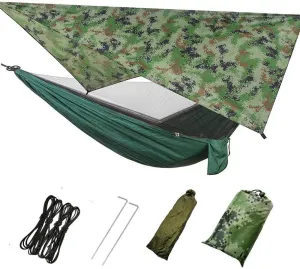 Camping Hammock with Net, 2 Person Portable Hammock, Nylon Parachute Hammock Tent with Tarp Tree Straps for Camping Backpacking Travel Beach Backyard Outdoor Hiking, Ship from US (Camouflage Green)