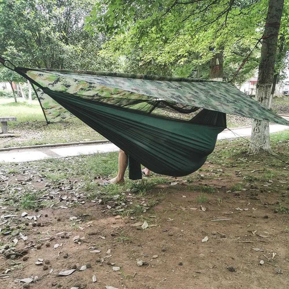 Camping Hammock with Net, 2 Person Portable Hammock, Nylon Parachute Hammock Tent with Tarp Tree Straps for Camping Backpacking Travel Beach Backyard Outdoor Hiking, Ship from US (Camouflage Green)