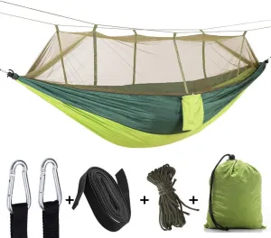 Camping Hammock with Net, 2 Person Portable Hammock, Nylon Parachute Hammock Tent with Tarp Tree Straps for Camping Backpacking Travel Beach Backyard Outdoor Hiking, Ship from US (Light Green)