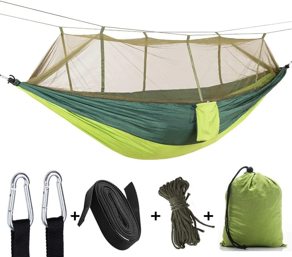 Camping Hammock with Net, 2 Person Portable Hammock, Nylon Parachute Hammock Tent with Tarp Tree Straps for Camping Backpacking Travel Beach Backyard Outdoor Hiking, Ship from US (Light Green)