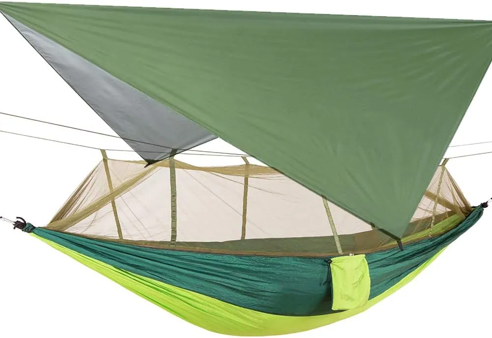 Camping Hammock with Net, 2 Person Portable Hammock, Nylon Parachute Hammock Tent with Tarp Tree Straps for Camping Backpacking Travel Beach Backyard Outdoor Hiking, Ship from US (Light Green)