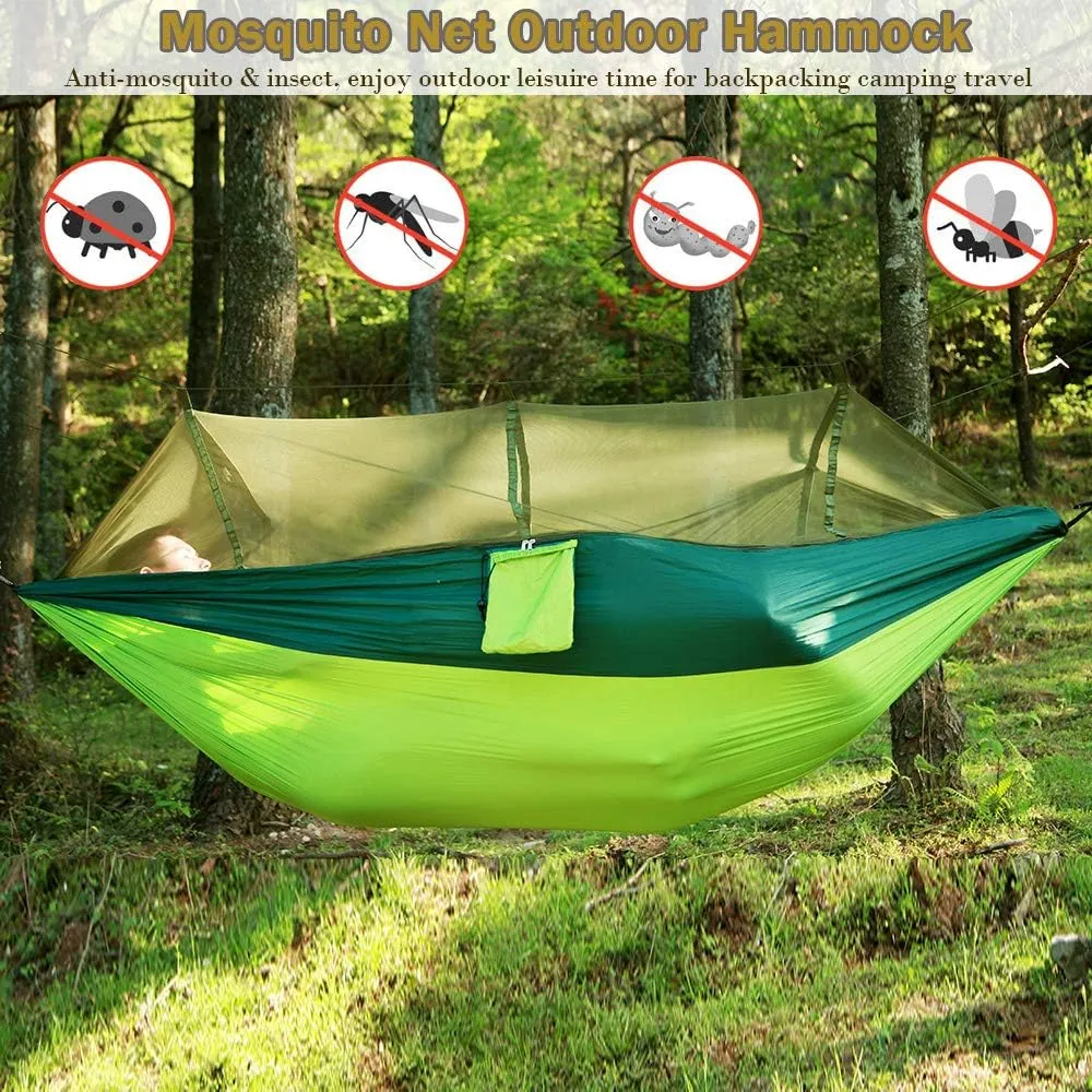 Camping Hammock with Net, 2 Person Portable Hammock, Nylon Parachute Hammock Tent with Tarp Tree Straps for Camping Backpacking Travel Beach Backyard Outdoor Hiking, Ship from US (Light Green)