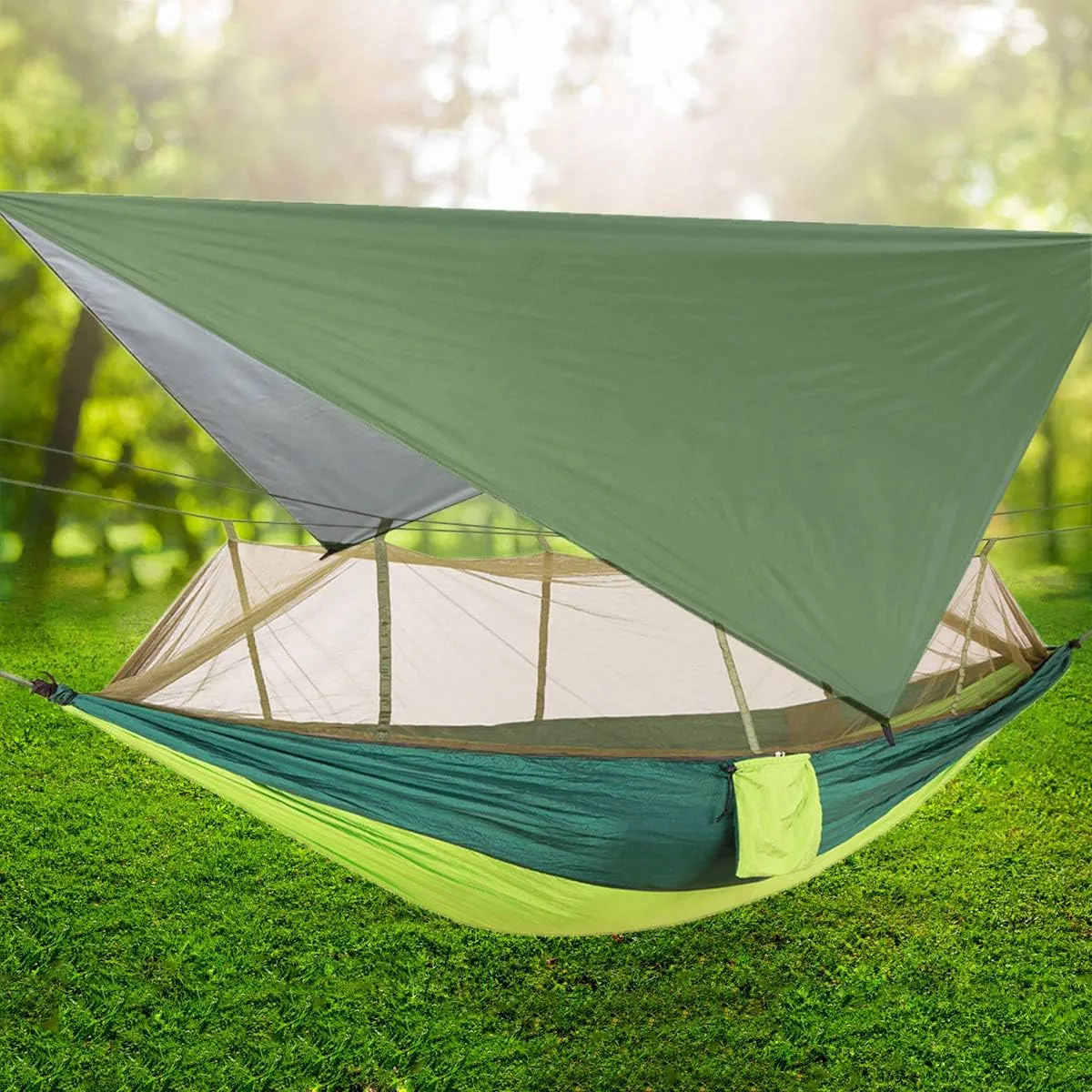 Camping Hammock with Net, 2 Person Portable Hammock, Nylon Parachute Hammock Tent with Tarp Tree Straps for Camping Backpacking Travel Beach Backyard Outdoor Hiking, Ship from US (Light Green)