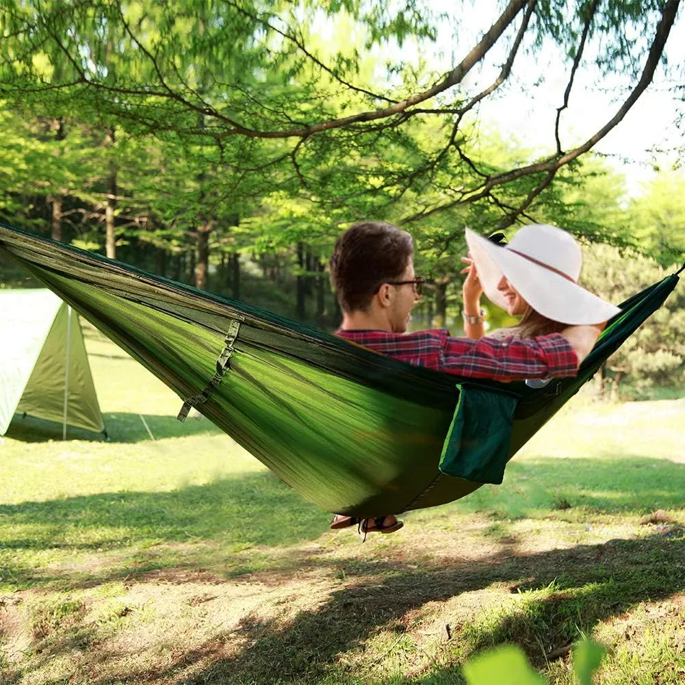 Camping Hammock with Net, 2 Person Portable Hammock, Nylon Parachute Hammock Tent with Tarp Tree Straps for Camping Backpacking Travel Beach Backyard Outdoor Hiking, Ship from US (Light Green)