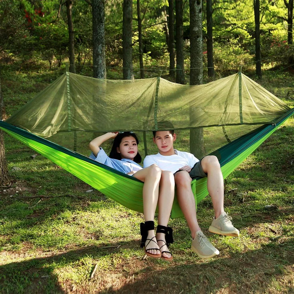 Camping Hammock with Net, 2 Person Portable Hammock, Nylon Parachute Hammock Tent with Tarp Tree Straps for Camping Backpacking Travel Beach Backyard Outdoor Hiking, Ship from US (Light Green)