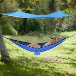 Camping Hammock with Net,Travel Portable Lightweight Hammocks with Tarp and Wind Ropes, Capacity of 440lbs Hammocks for Outsides Backpacking Beach Backyard Patio Hiking (Blue Blue)