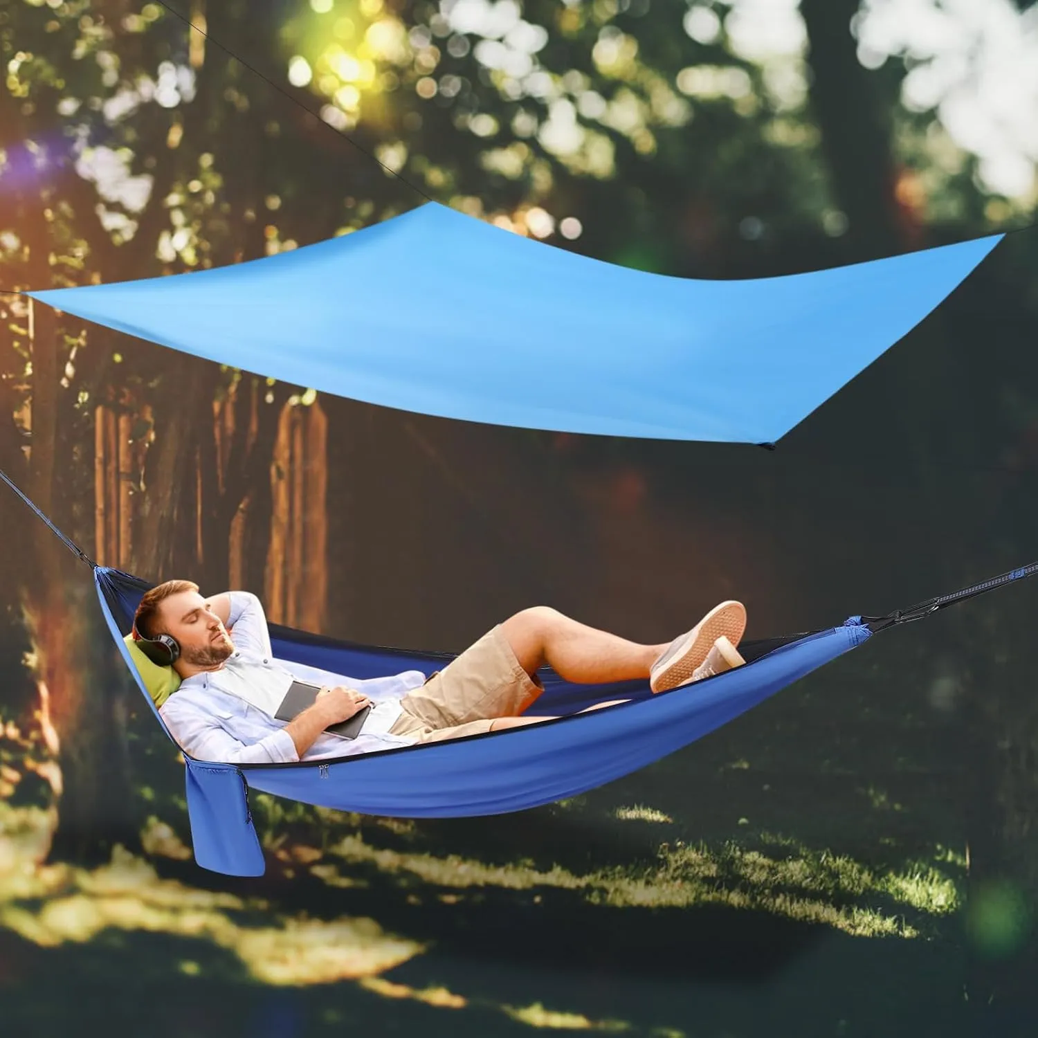 Camping Hammock with Net,Travel Portable Lightweight Hammocks with Tarp and Wind Ropes, Capacity of 440lbs Hammocks for Outsides Backpacking Beach Backyard Patio Hiking (Blue Blue)