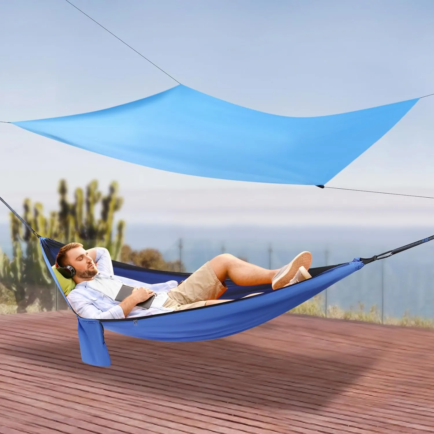 Camping Hammock with Net,Travel Portable Lightweight Hammocks with Tarp and Wind Ropes, Capacity of 440lbs Hammocks for Outsides Backpacking Beach Backyard Patio Hiking (Blue Blue)