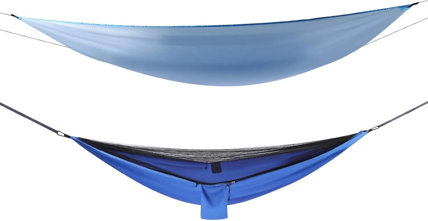 Camping Hammock with Net,Travel Portable Lightweight Hammocks with Tarp and Wind Ropes, Capacity of 440lbs Hammocks for Outsides Backpacking Beach Backyard Patio Hiking (Blue Blue)