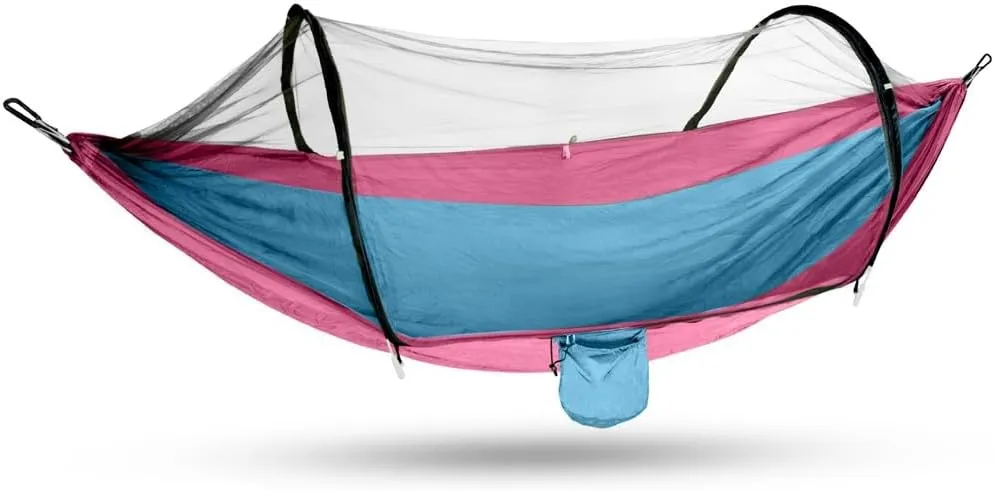 Camping Hammock,tree Hammock,with Mosquito Net, Double Nylon Camping Pole Mosquito Net for Outdoor Camping Accessories(Pink and blue patchwork)