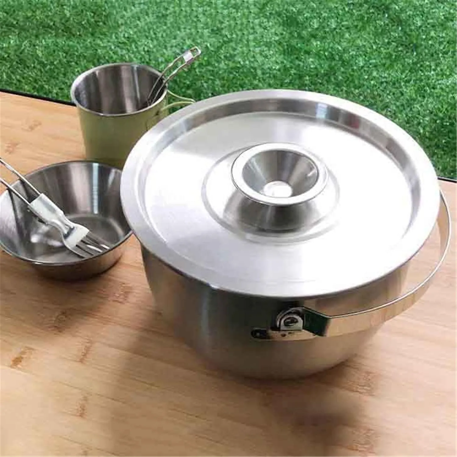 Camping Hanging Pot Camping Cookware - Compact Stainless Steel Campfire Cooking Pots for Hiking Picnic(Silver 19cm)