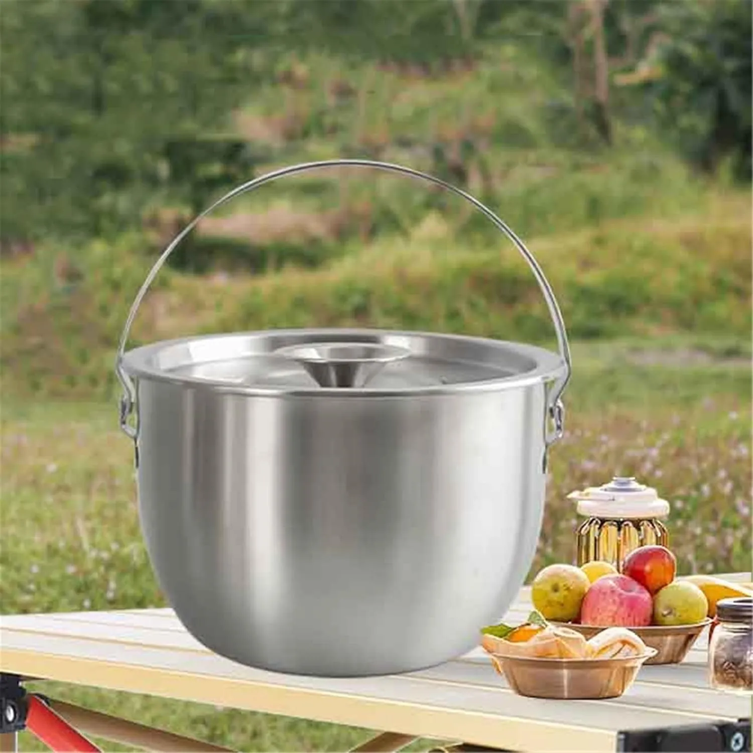 Camping Hanging Pot Camping Cookware - Compact Stainless Steel Campfire Cooking Pots for Hiking Picnic(Silver 19cm)