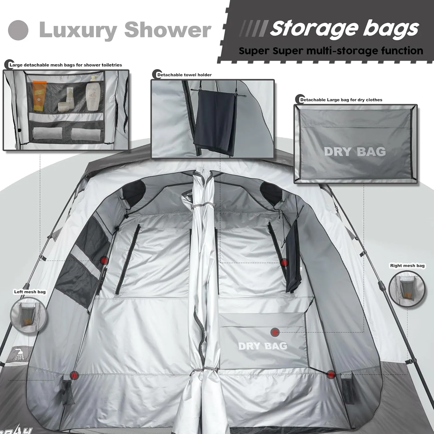 Camping Shower Tent Deluxe Changing Room Easy Set Up Privacy Shelter,Large Toilet Tent 2 Rooms with Floor Drain Design for Beach, Camping,Hiking with Stakes and Ropes for Stability
