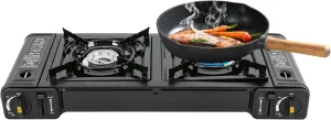 Camping Stove 2 Burner with Grill & Case,Portable Propane Stove Camping Stove, Adjustable Camping Burner Propane with Auto Piezo Ignition & Safety Lock for Outdoor Camping Picnic Fishing BBQ