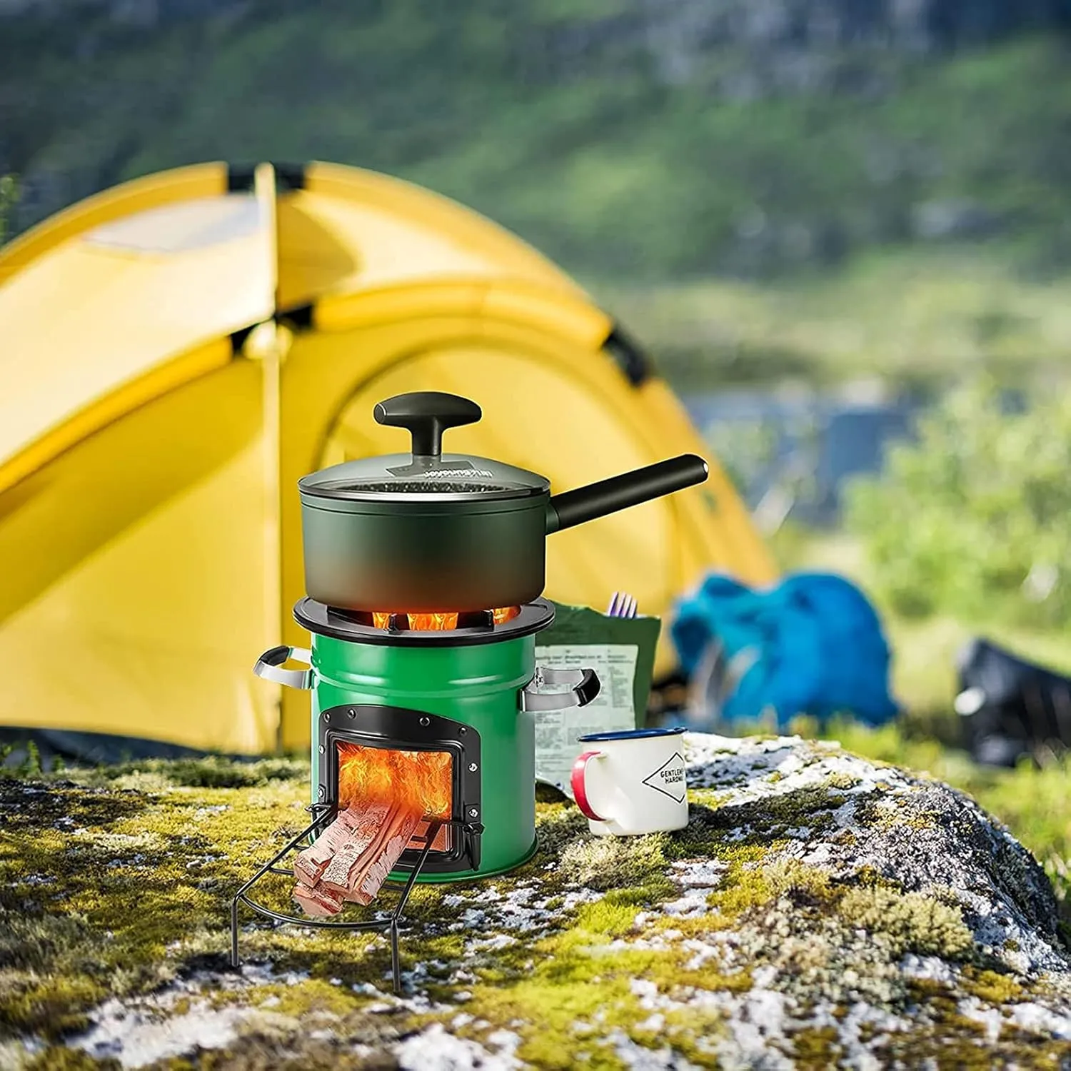 Camping Stove Outdoor Wood Burning Stove with Blow Fire Pipe Stainless Steel Folding BBQ Grill