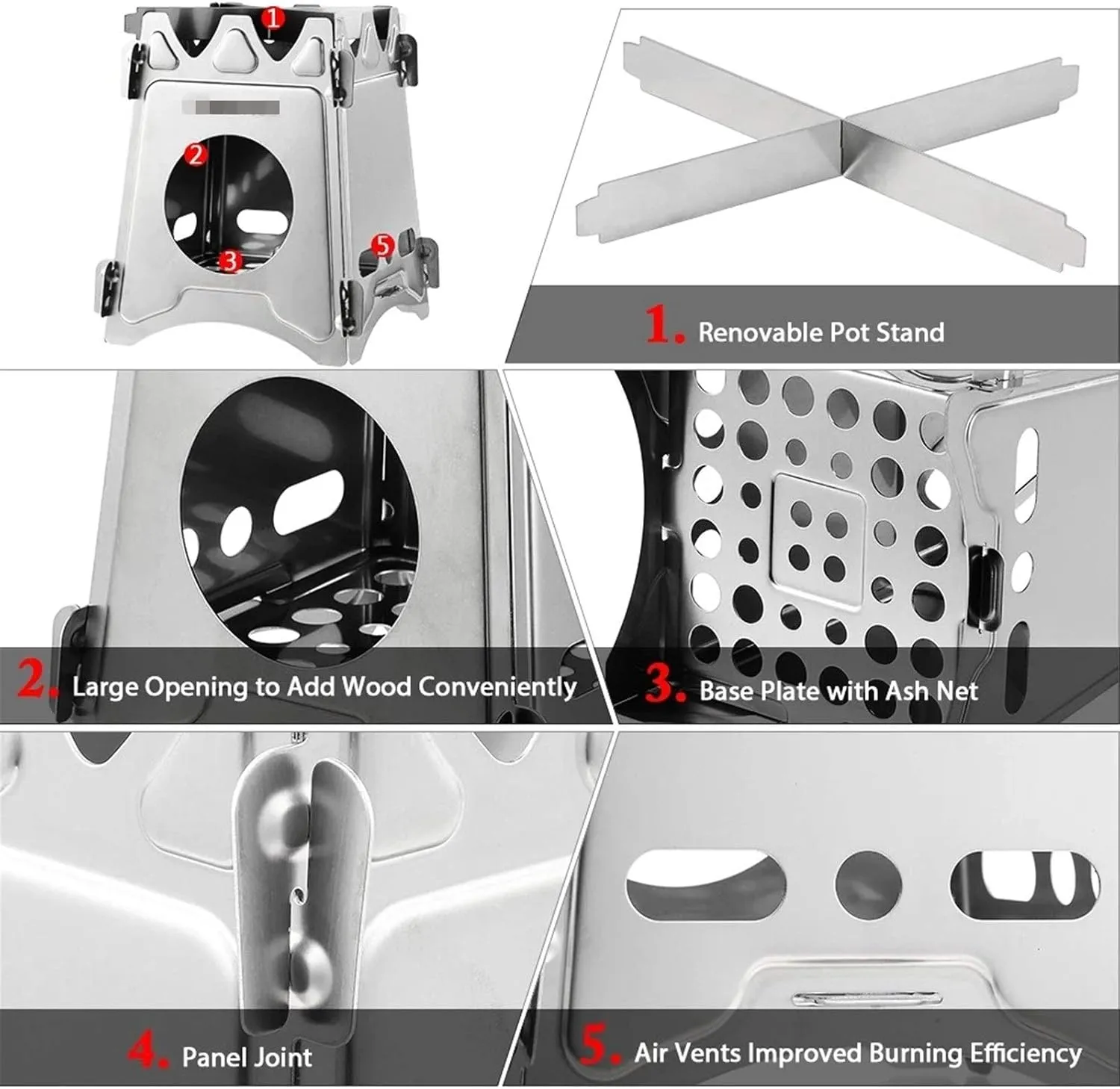 Camping Stove Portable Folding Camping Wood Stove Stainless Steel Wood Burning Stove (Color : Silver, Size : One Size) (Silver One Size)