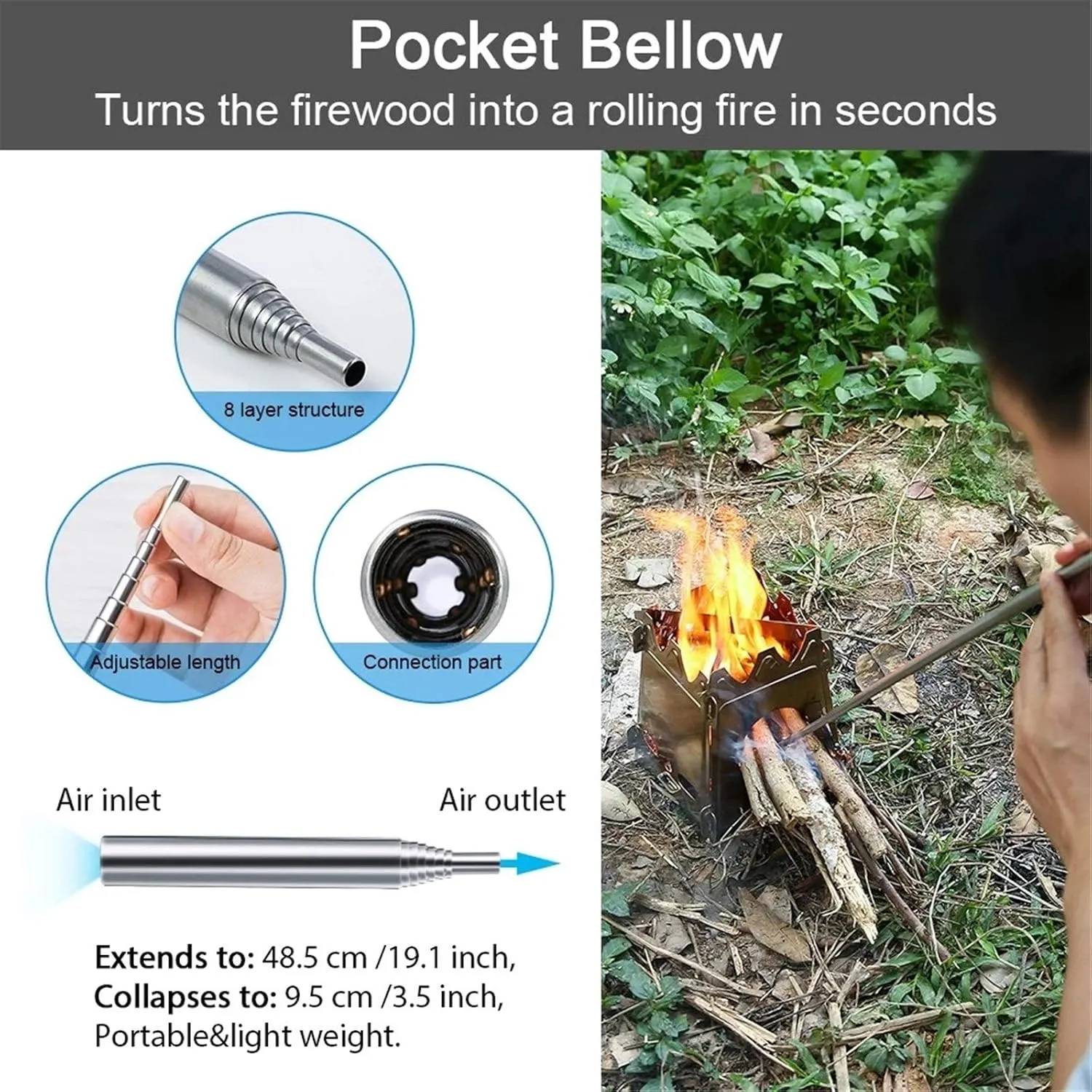 Camping Stove Portable Folding Camping Wood Stove Stainless Steel Wood Burning Stove (Color : Silver, Size : One Size) (Silver One Size)