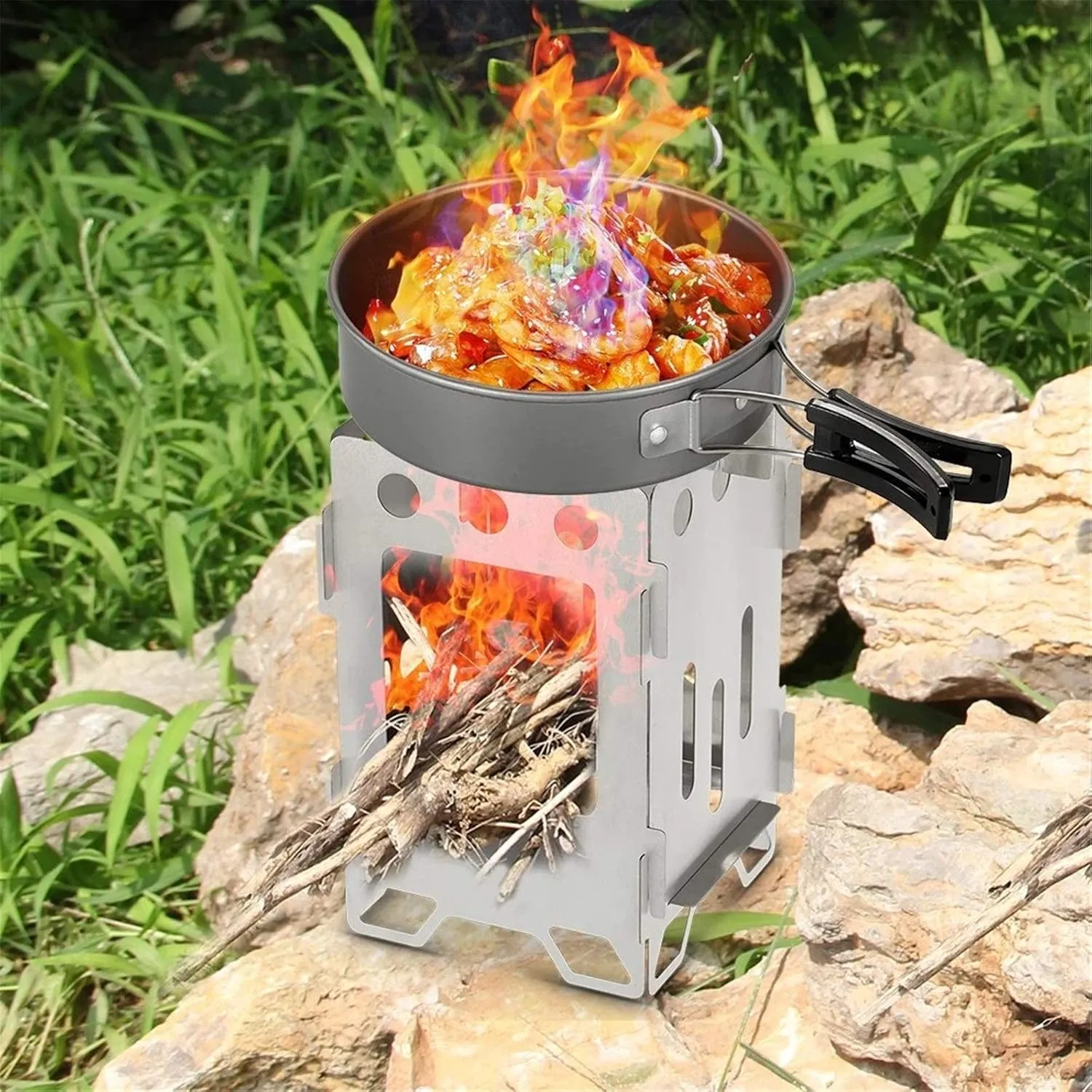 Camping Stove Portable Wood Burning Backpacking Stove Folding Camping Wood Stove Camp Stoves (Color : Silver Size : One Size) (Silver One Size)