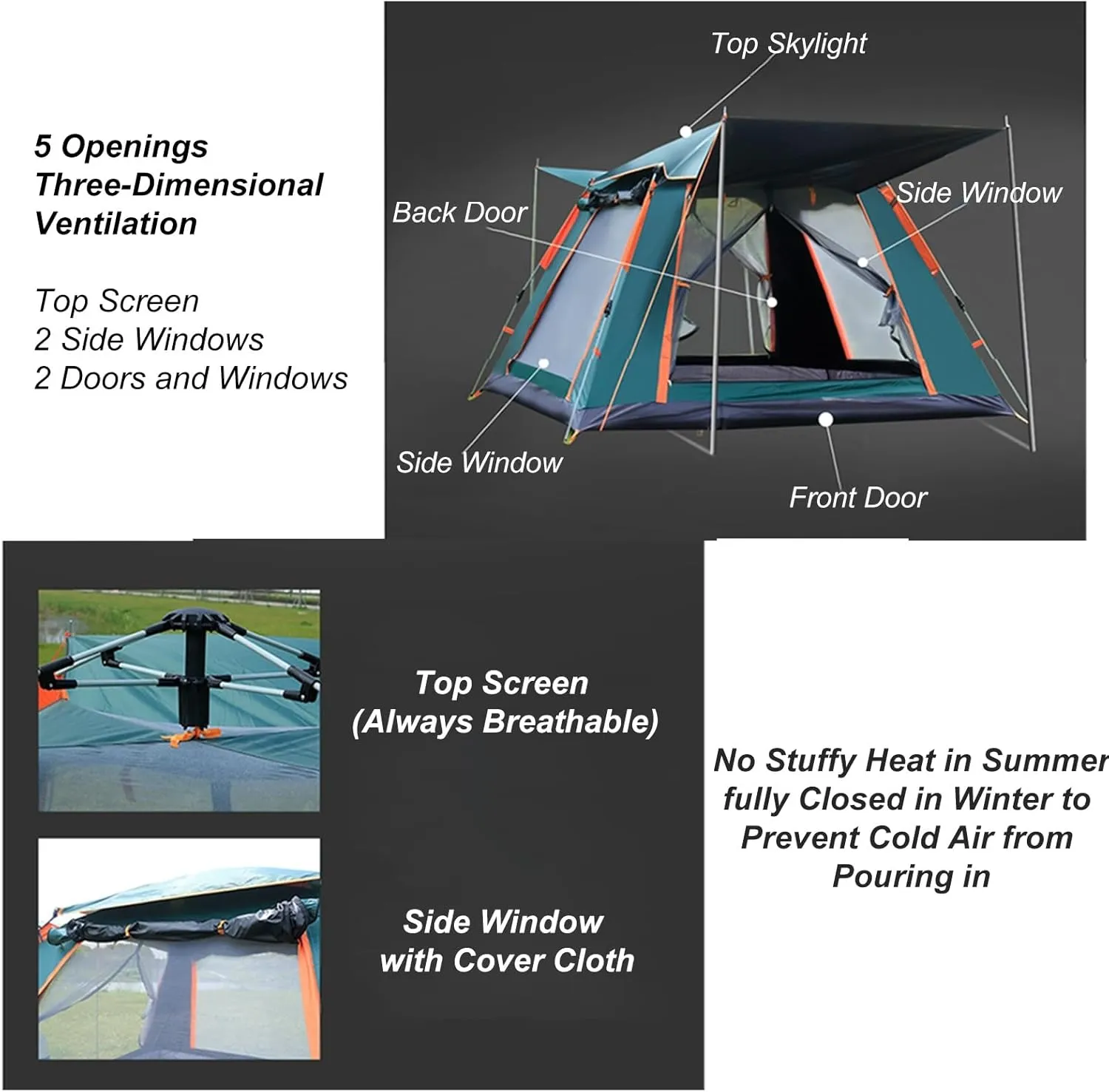 Camping Tent Automatic Instant Pop Up Outdoor Dome Tent 3-4 Persons Beach Portable Folding Rainproof Sunproof Tent 2 Doors 2 Windows with Carry Bag/Poles