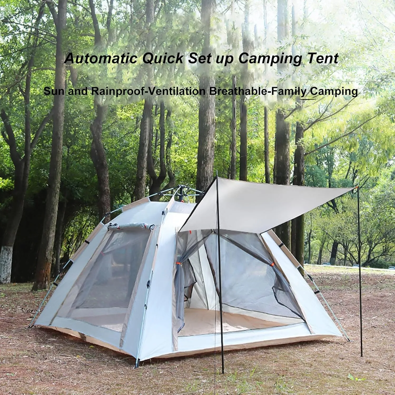 Camping Tent Automatic Instant Pop Up Outdoor Dome Tent 3-4 Persons Beach Portable Folding Rainproof Sunproof Tent 2 Doors 2 Windows with Carry Bag/Poles