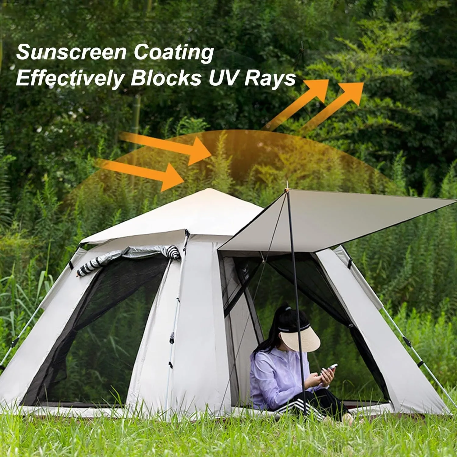 Camping Tent Automatic Instant Pop Up Outdoor Dome Tent 3-4 Persons Beach Portable Folding Rainproof Sunproof Tent 2 Doors 2 Windows with Carry Bag/Poles