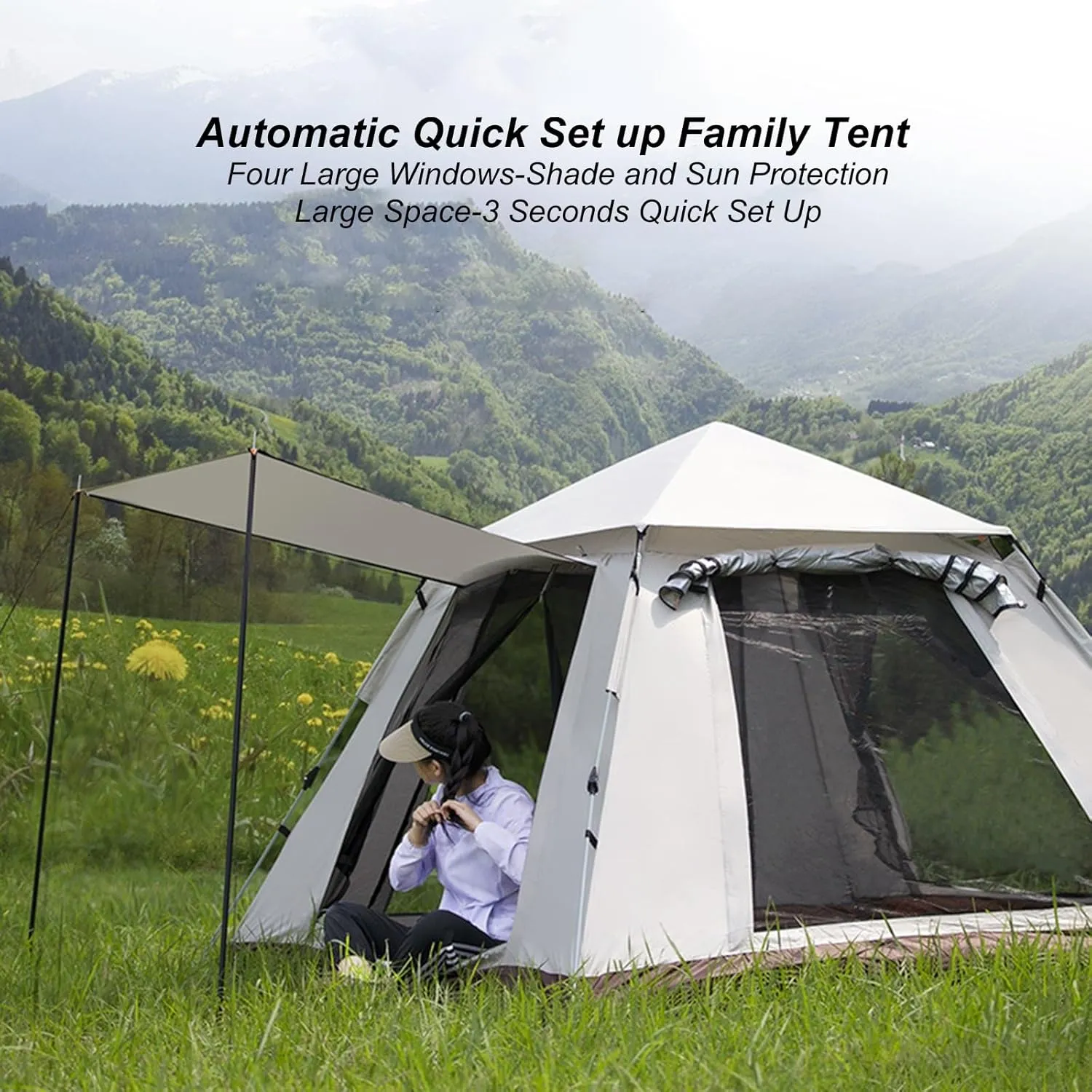 Camping Tent Automatic Instant Pop Up Outdoor Dome Tent 3-4 Persons Beach Portable Folding Rainproof Sunproof Tent 2 Doors 2 Windows with Carry Bag/Poles