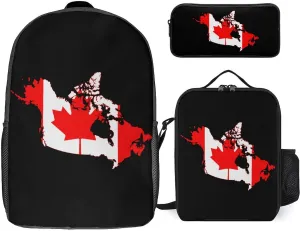 Canada Flag Map 3Pcs Laptop Backpack Set 17 Inch Daypack with Lunch Bag Pencil Case Set for Travel Work