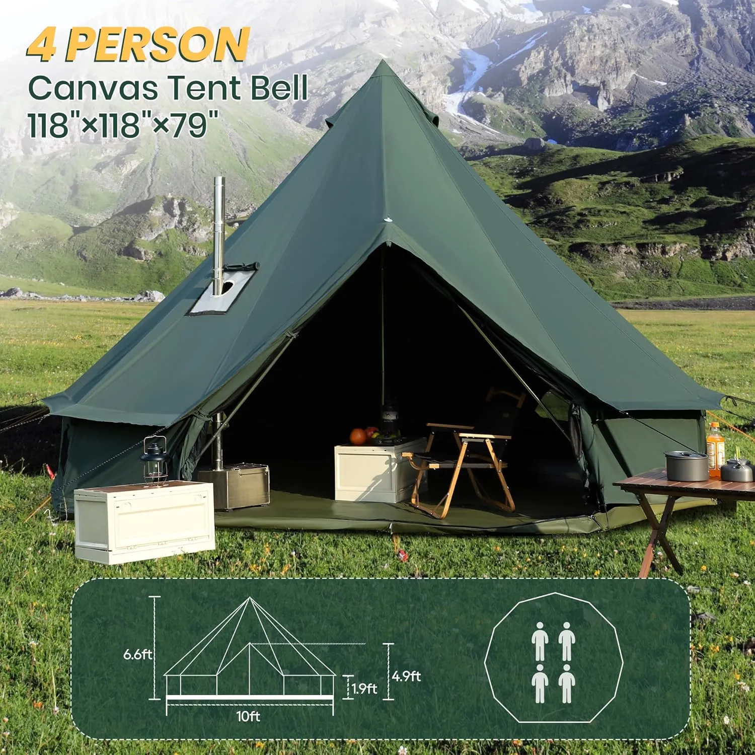 Canvas Bell Yurt Tent, 4-Seasons Shelter with Stove Jack & Waterproof, Luxury Camping Tent for Family Outdoor Adventures, 6-8 Person Use