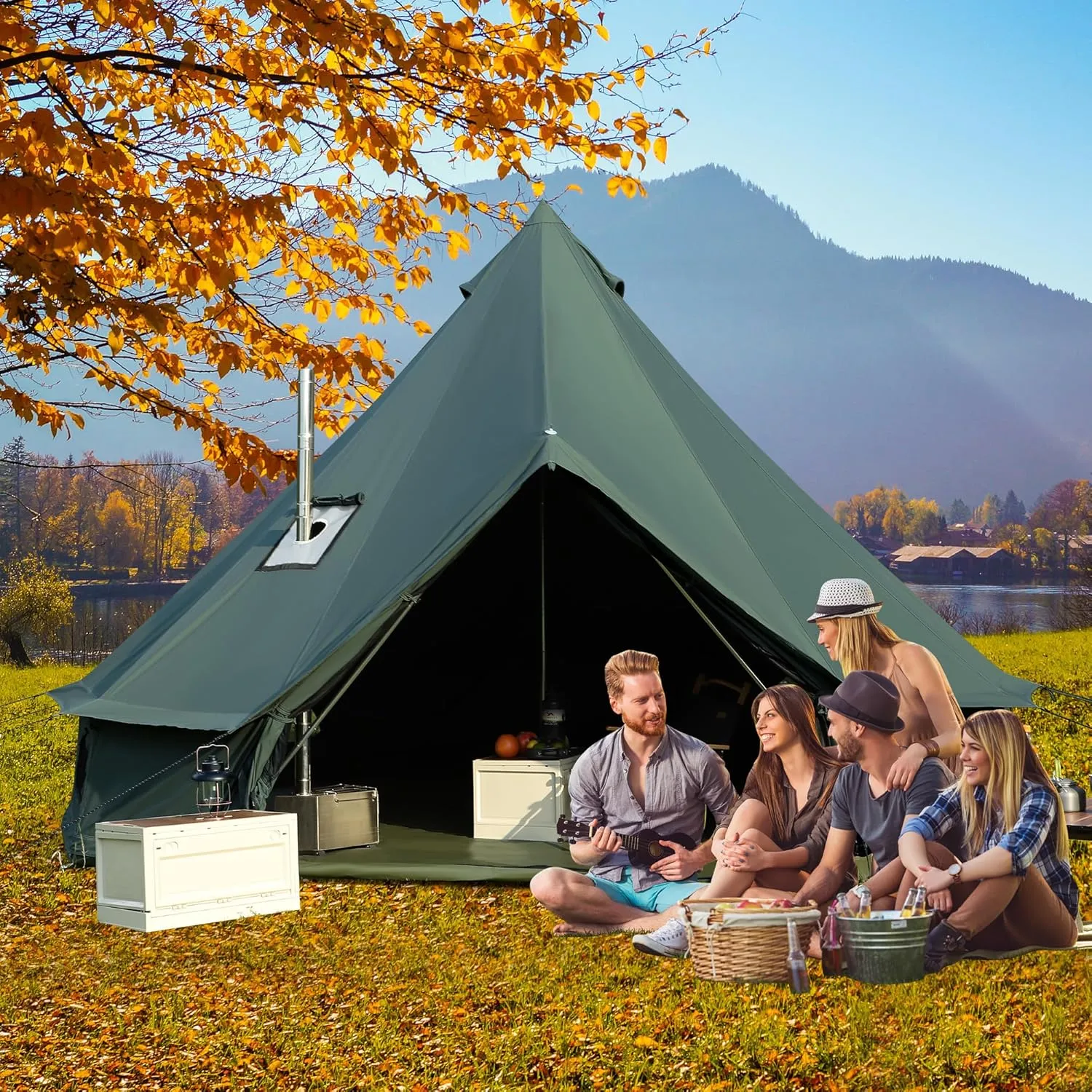 Canvas Bell Yurt Tent, 4-Seasons Shelter with Stove Jack & Waterproof, Luxury Camping Tent for Family Outdoor Adventures, 6-8 Person Use