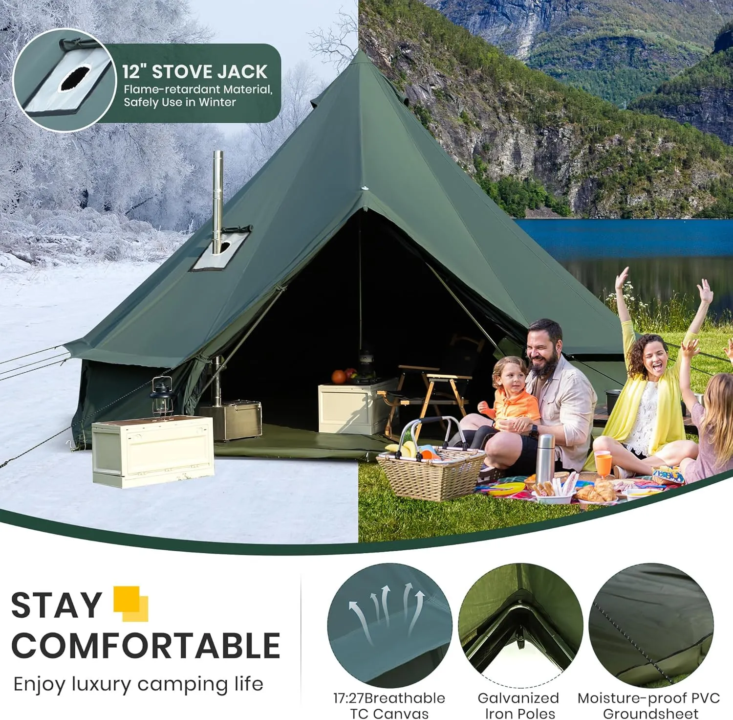 Canvas Bell Yurt Tent, 4-Seasons Shelter with Stove Jack & Waterproof, Luxury Camping Tent for Family Outdoor Adventures, 6-8 Person Use