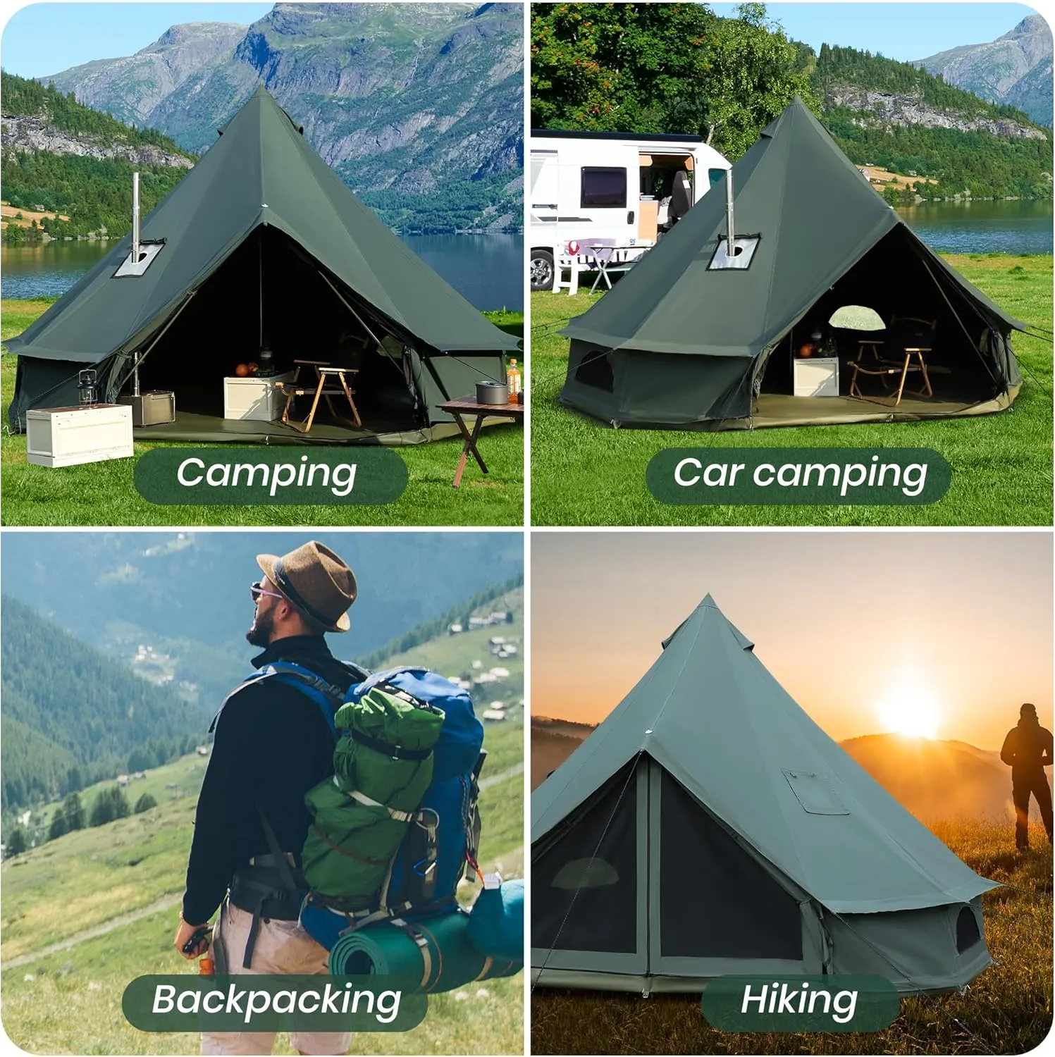 Canvas Bell Yurt Tent, 4-Seasons Shelter with Stove Jack & Waterproof, Luxury Camping Tent for Family Outdoor Adventures, 6-8 Person Use