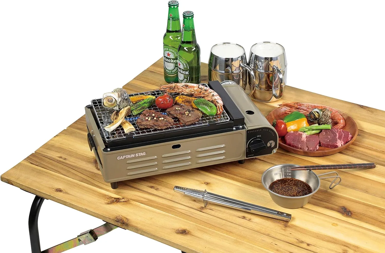 Captain Stag UF-0027 Barbecue Grill, Cassette Stove, Tabletop, Cassette Stove, Khaki