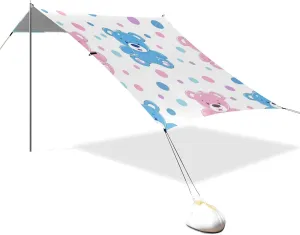 Cartoon Cute Blue Pink Bear Designed UPF50  Foldable Beach Tent Lightweight Portable Sunshade with Sandbags and Shovel for Camping Trips, Fishing, Backyard Fun or Picnics accesorios para Playa