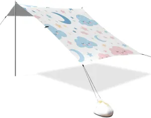 Cartoon Cute Pink Blue Cloud Moon Designed UPF50  Foldable Beach Canopy Easy Setup Sun Shade with Sand Shovel for Family Trips, Picnics & Camping paraguas para Playa
