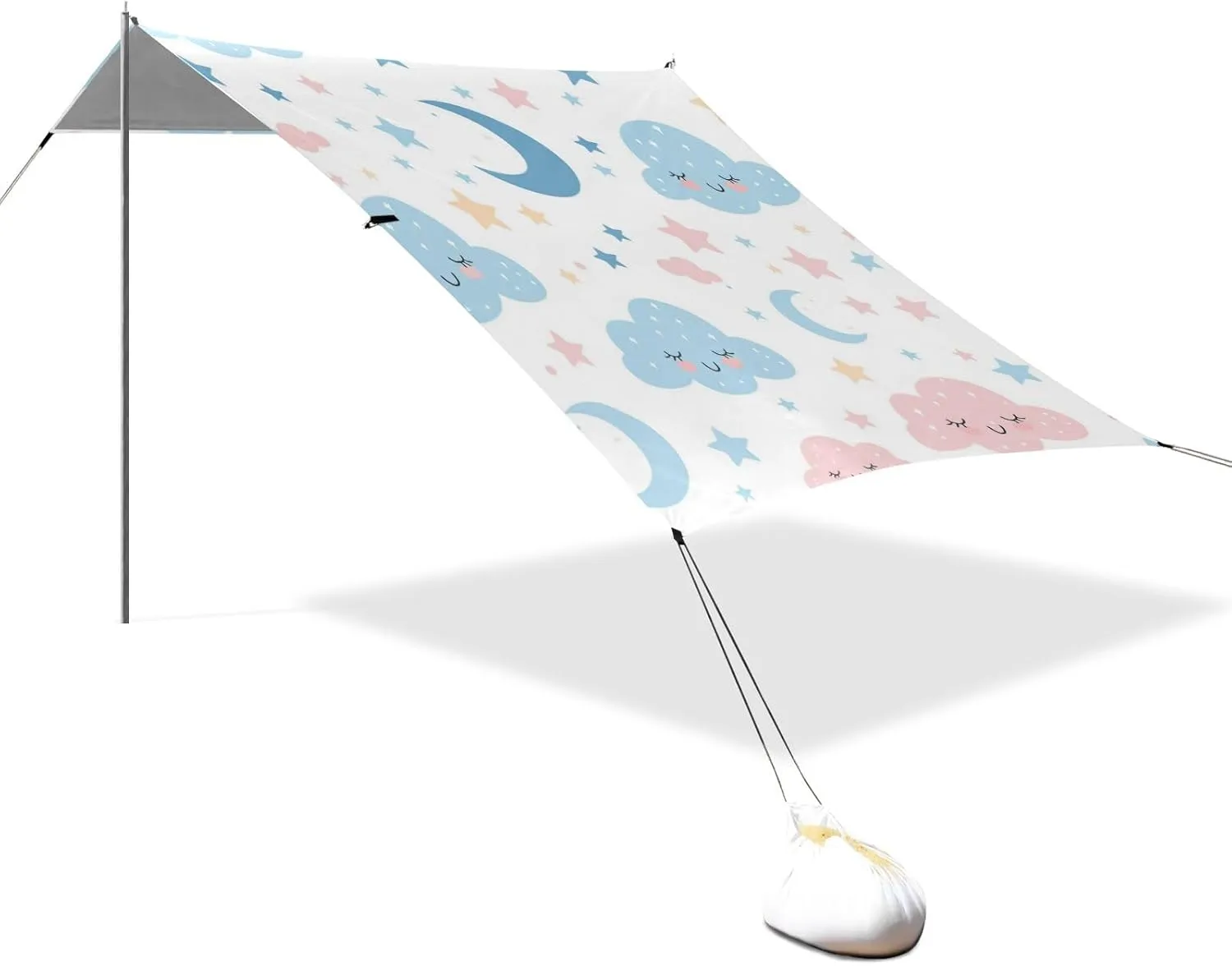 Cartoon Cute Pink Blue Cloud Moon Designed UPF50  Foldable Beach Canopy Easy Setup Sun Shade with Sand Shovel for Family Trips, Picnics & Camping paraguas para Playa