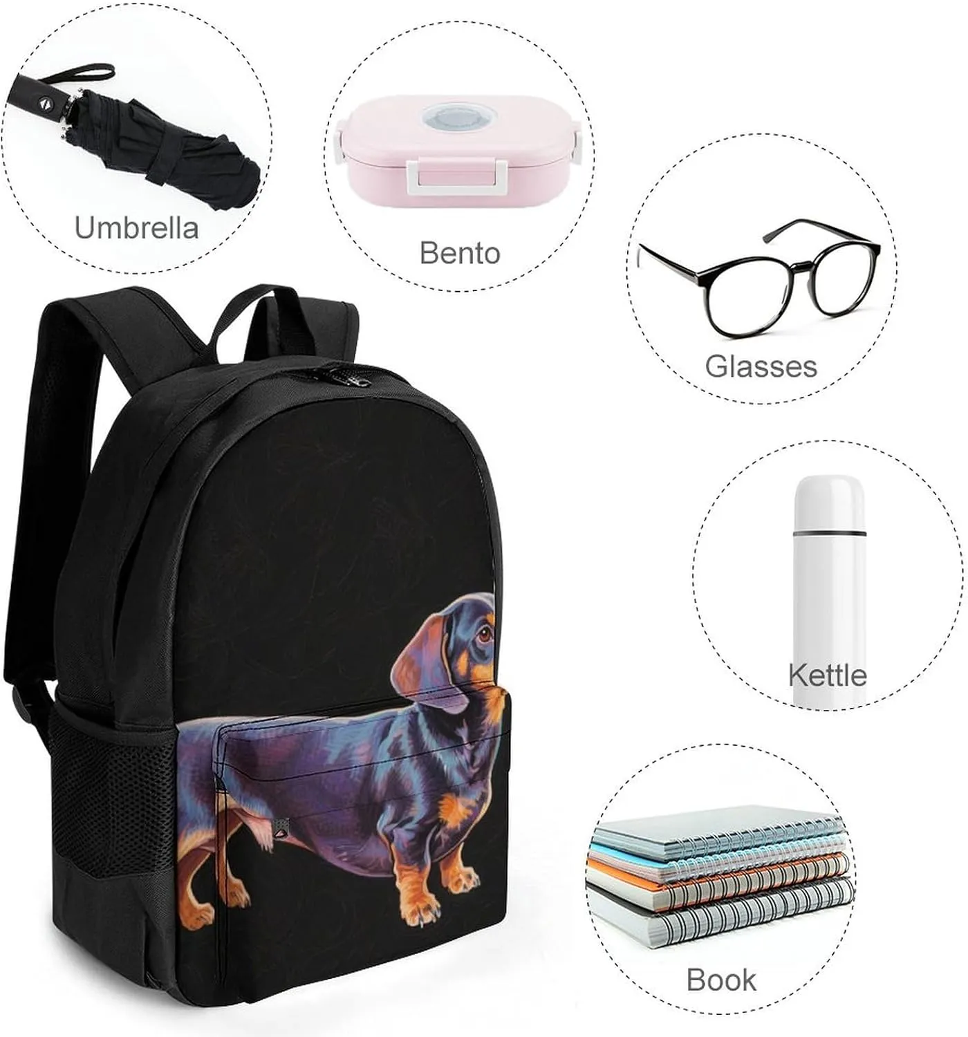Cartoon Dachshund Weiner Dog Pet Art Daypack Backpack Polyester Multipurpose Anti-Theft Shoulder Bag Big Capacity Gym Outdoor Hiking Backpack With Smooth Zippers