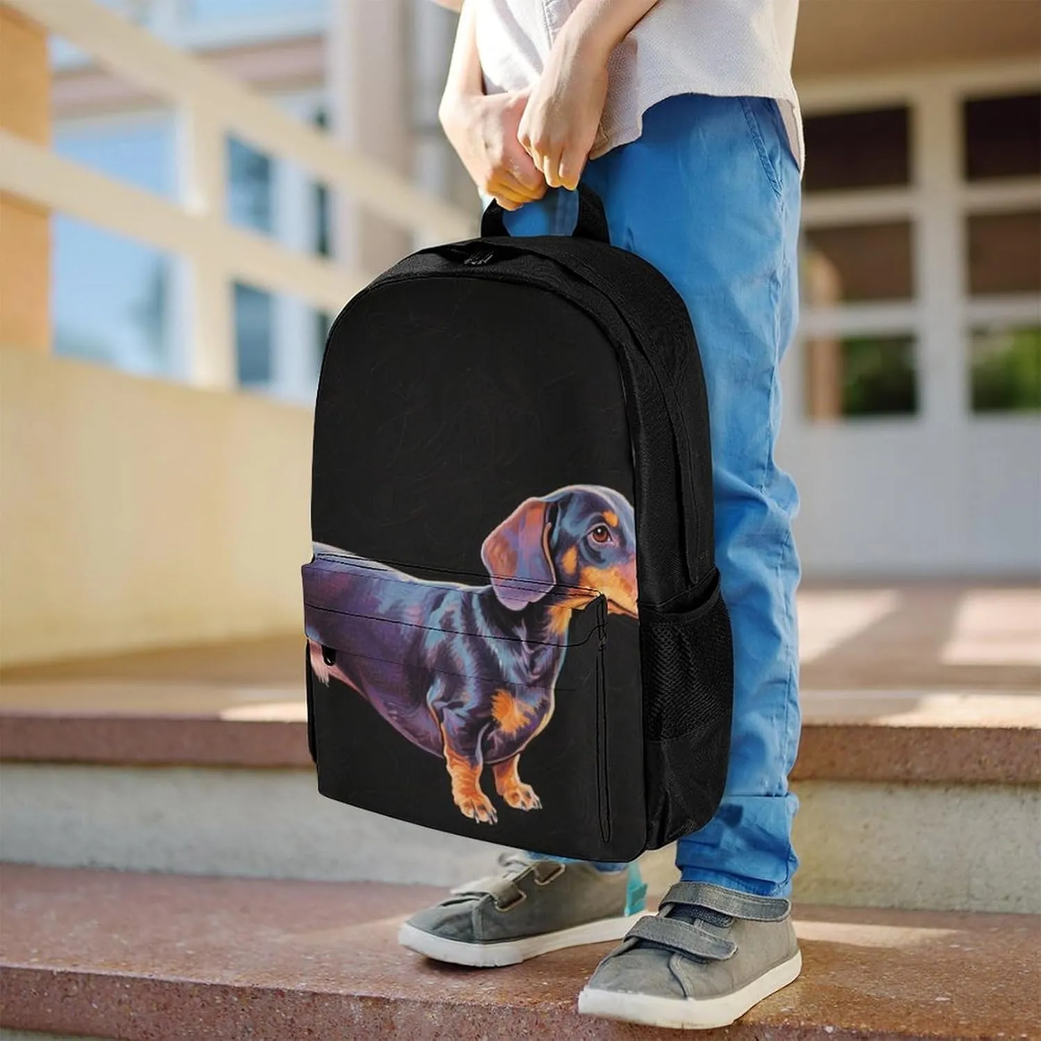 Cartoon Dachshund Weiner Dog Pet Art Daypack Backpack Polyester Multipurpose Anti-Theft Shoulder Bag Big Capacity Gym Outdoor Hiking Backpack With Smooth Zippers