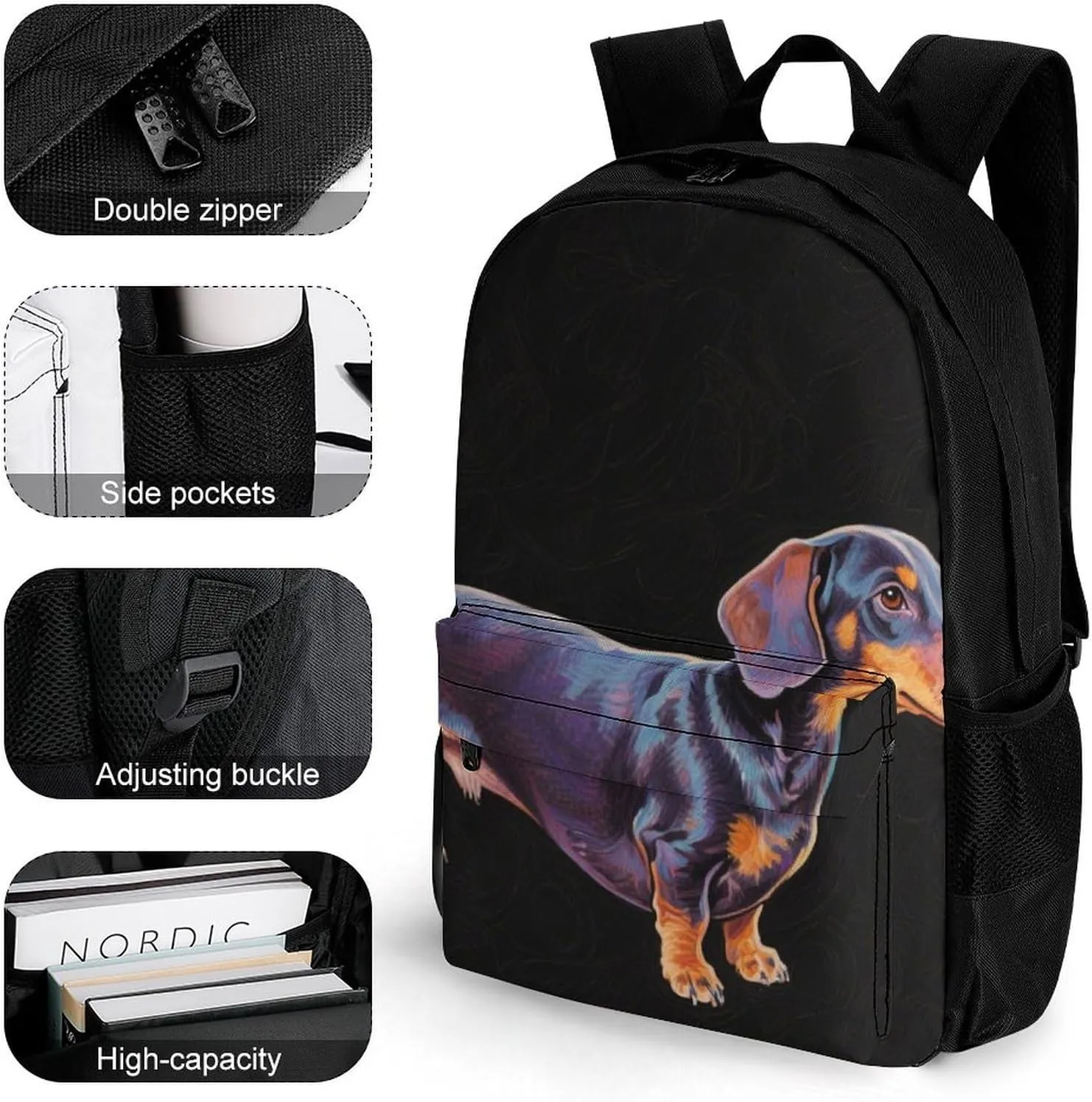 Cartoon Dachshund Weiner Dog Pet Art Daypack Backpack Polyester Multipurpose Anti-Theft Shoulder Bag Big Capacity Gym Outdoor Hiking Backpack With Smooth Zippers