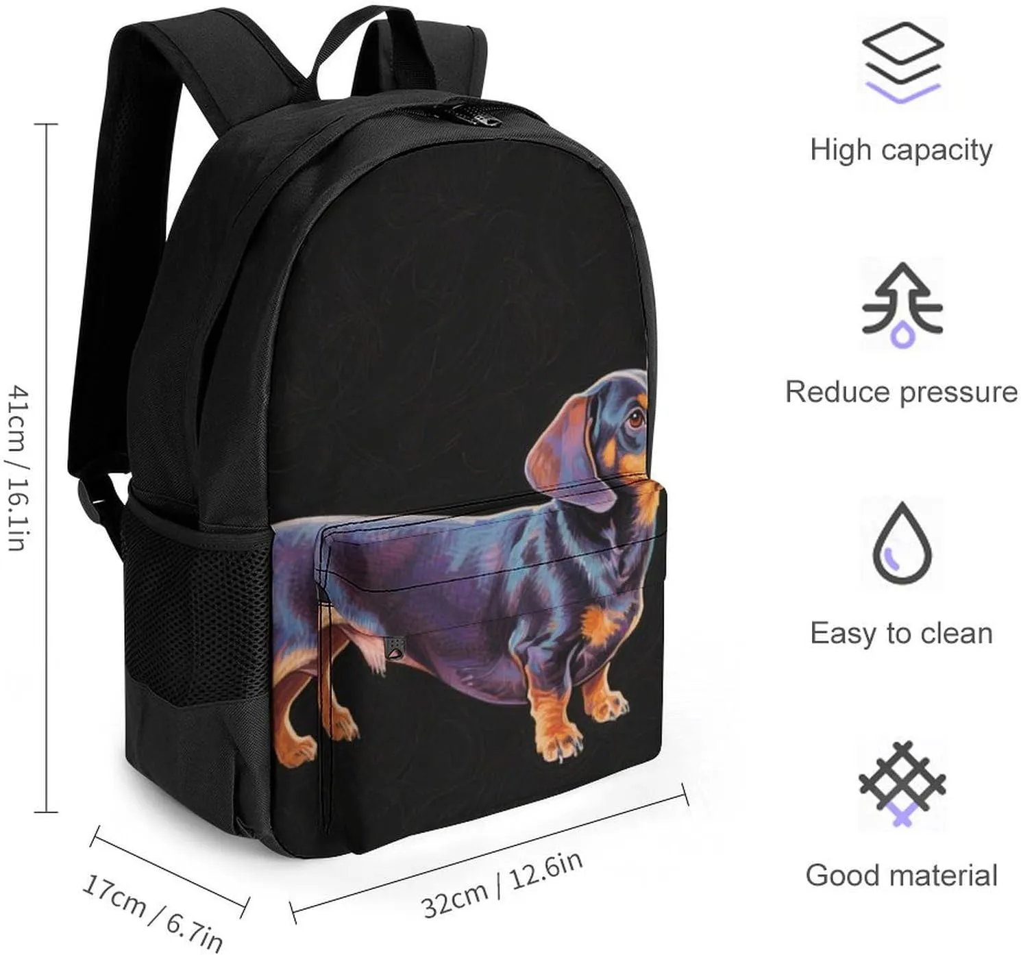 Cartoon Dachshund Weiner Dog Pet Art Daypack Backpack Polyester Multipurpose Anti-Theft Shoulder Bag Big Capacity Gym Outdoor Hiking Backpack With Smooth Zippers