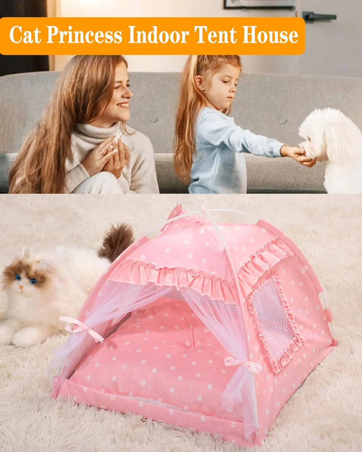 Cat Princess Bed Tent House - Kitty Cute Tent Indoor,Small Dog House Indoor/Outdoor Cave Nest Bed Small Dog Tent for Cat,Puppy Tent (19.6"x19.6"x17.7"/Pink)