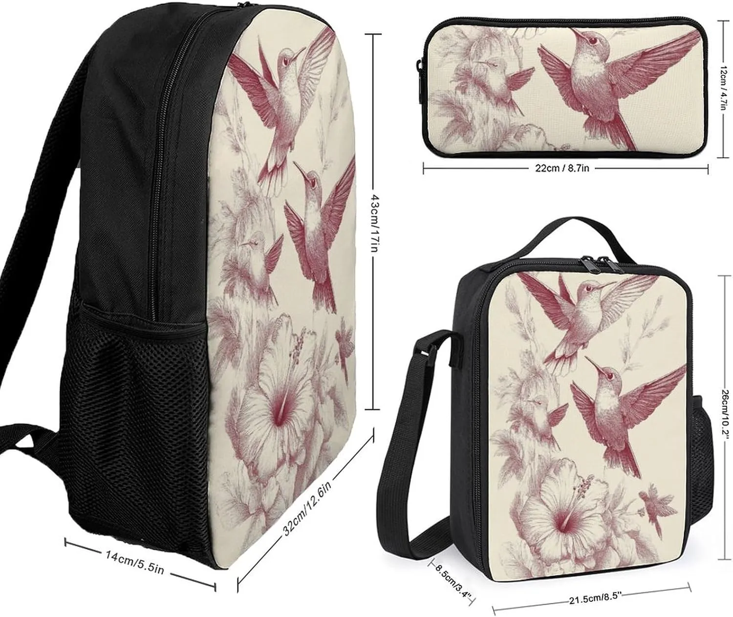 Causal Backpack Set 3 Pieces, 17inch Laptop Backpack with Insulated Lunchbox Meal Bag Lightweight Pencil Pouch Classic Hummingbirds Art Lily Flowers Birds Daypack