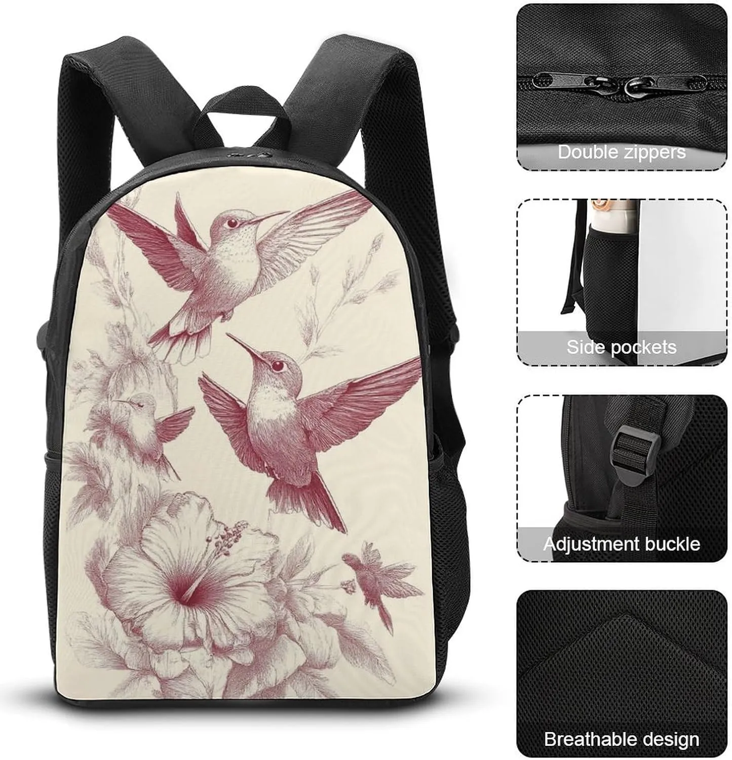 Causal Backpack Set 3 Pieces, 17inch Laptop Backpack with Insulated Lunchbox Meal Bag Lightweight Pencil Pouch Classic Hummingbirds Art Lily Flowers Birds Daypack