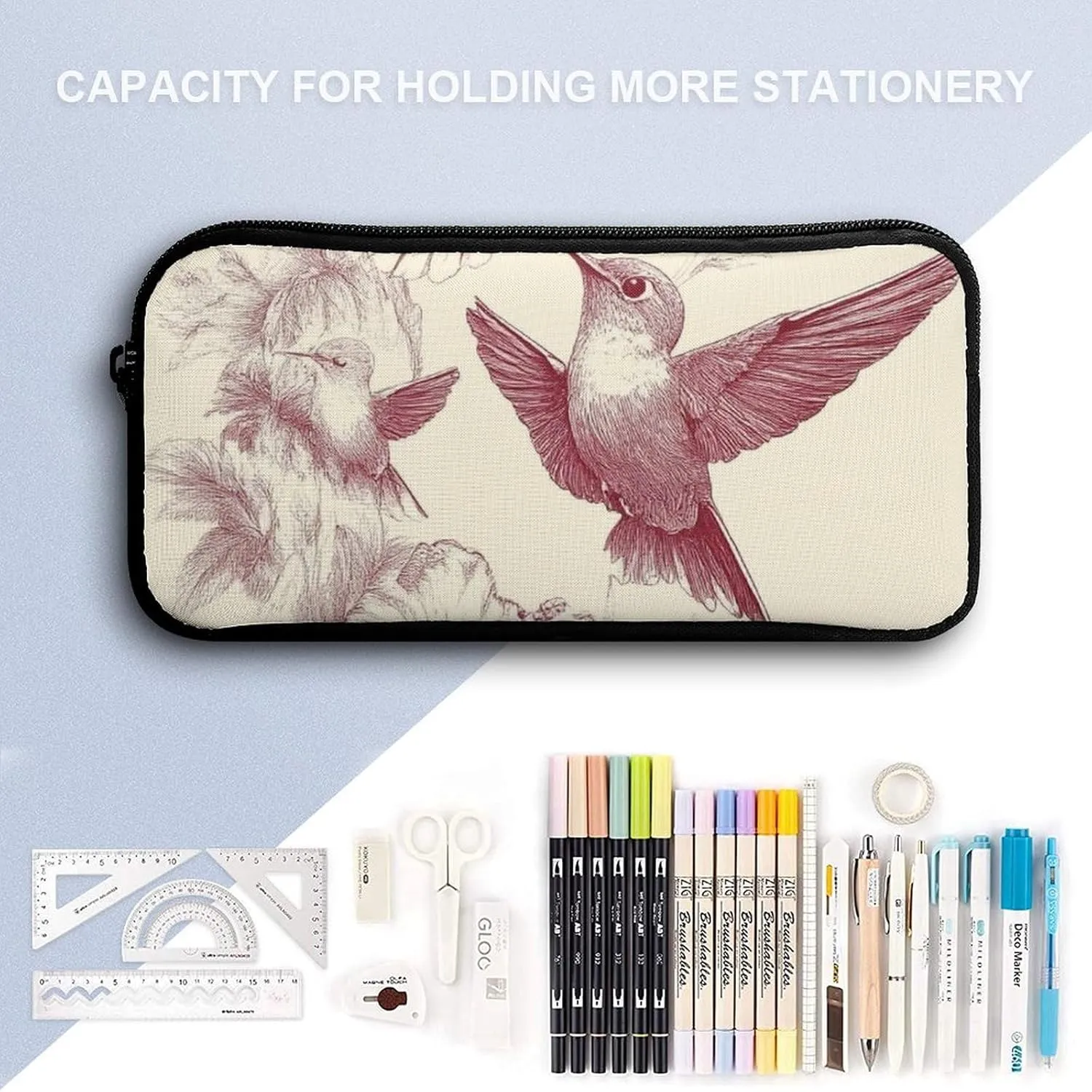 Causal Backpack Set 3 Pieces, 17inch Laptop Backpack with Insulated Lunchbox Meal Bag Lightweight Pencil Pouch Classic Hummingbirds Art Lily Flowers Birds Daypack