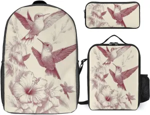 Causal Backpack Set 3 Pieces, 17inch Laptop Backpack with Insulated Lunchbox Meal Bag Lightweight Pencil Pouch Classic Hummingbirds Art Lily Flowers Birds Daypack
