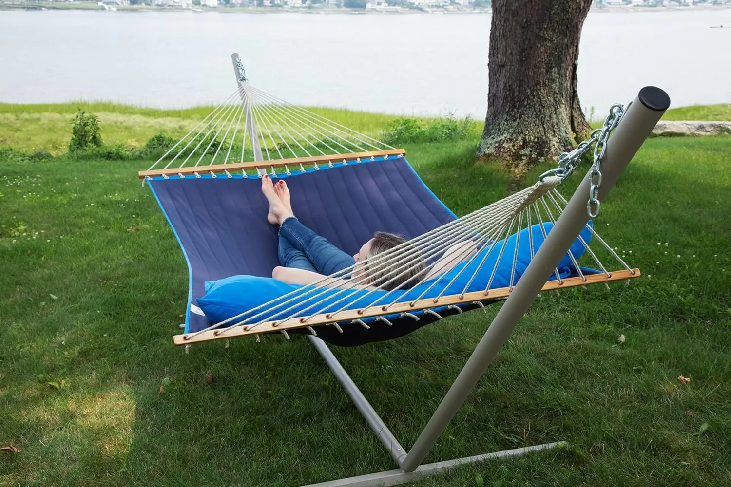 Ceara Patio Hammock Olefin Hammock Double Hammock for Two People Outdoor Patio Swing Chair Quilted Hammock Use Inside Outside Backyard Decor Porch Swing - Blue