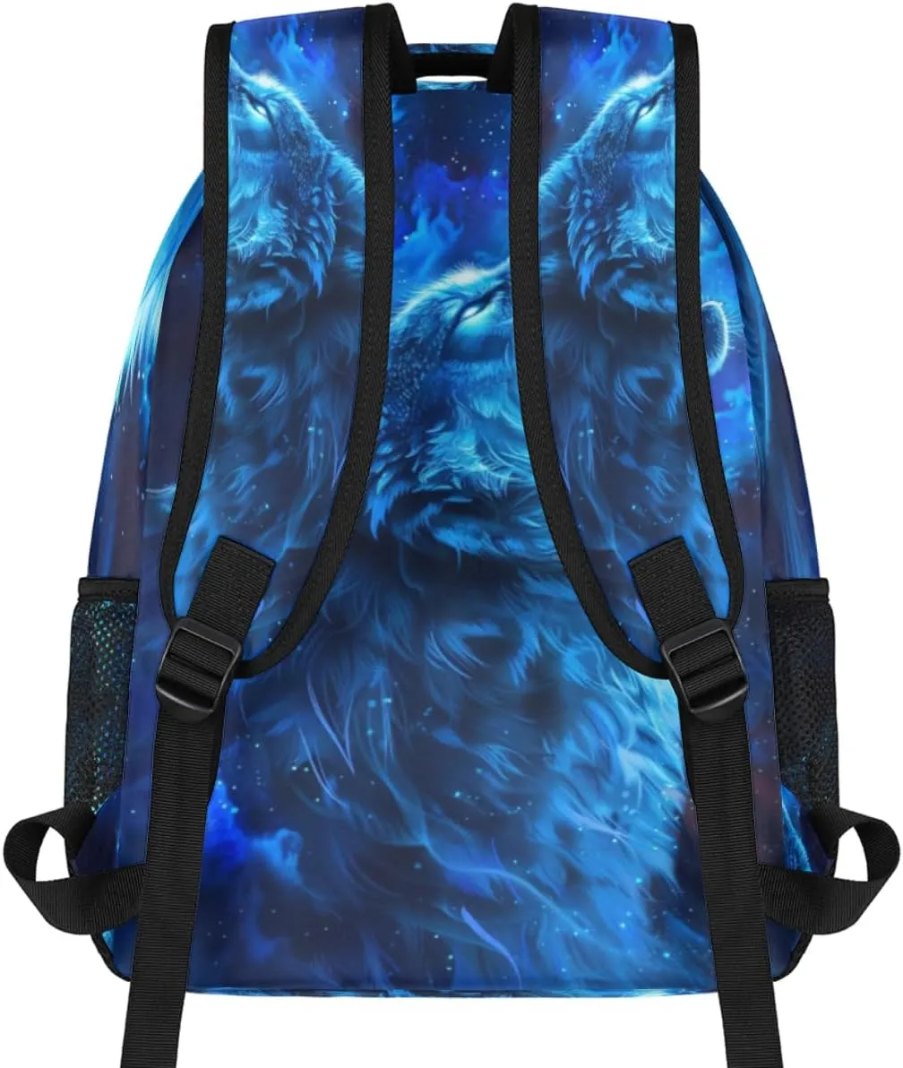 cfpolar Wolf Backpack for School, Blue Wolf Galaxy Space Laptop Backpack Water Resistant Bookbag Computer Bag Travel Hiking Camping Rucksack Daypack Shoulder Bag for Teenager Boys Girls Kids