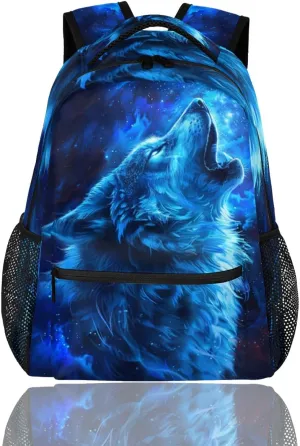 cfpolar Wolf Backpack for School, Blue Wolf Galaxy Space Laptop Backpack Water Resistant Bookbag Computer Bag Travel Hiking Camping Rucksack Daypack Shoulder Bag for Teenager Boys Girls Kids
