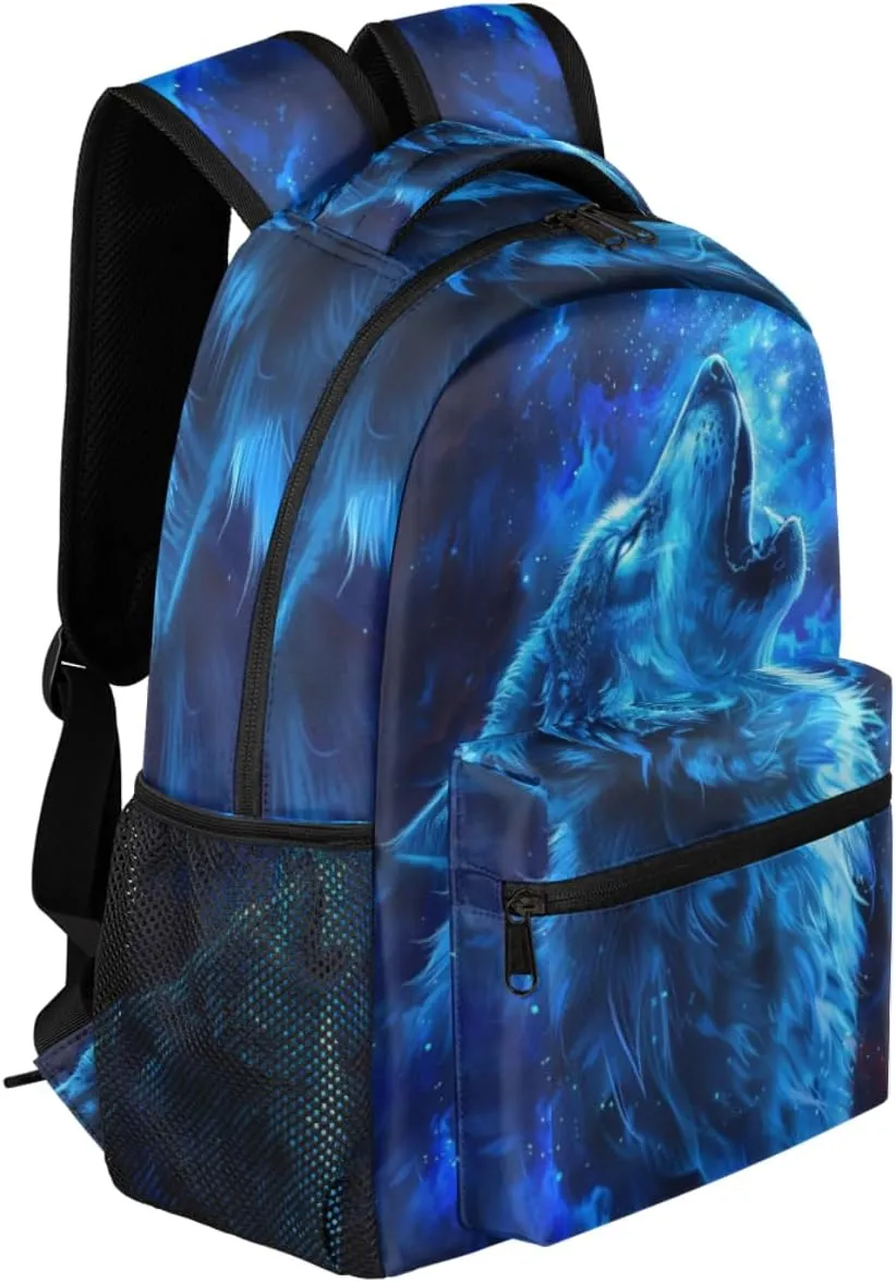 cfpolar Wolf Backpack for School, Blue Wolf Galaxy Space Laptop Backpack Water Resistant Bookbag Computer Bag Travel Hiking Camping Rucksack Daypack Shoulder Bag for Teenager Boys Girls Kids