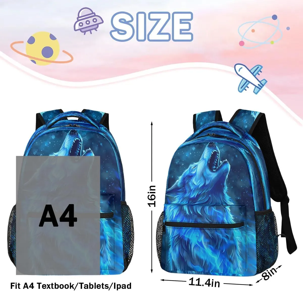 cfpolar Wolf Backpack for School, Blue Wolf Galaxy Space Laptop Backpack Water Resistant Bookbag Computer Bag Travel Hiking Camping Rucksack Daypack Shoulder Bag for Teenager Boys Girls Kids