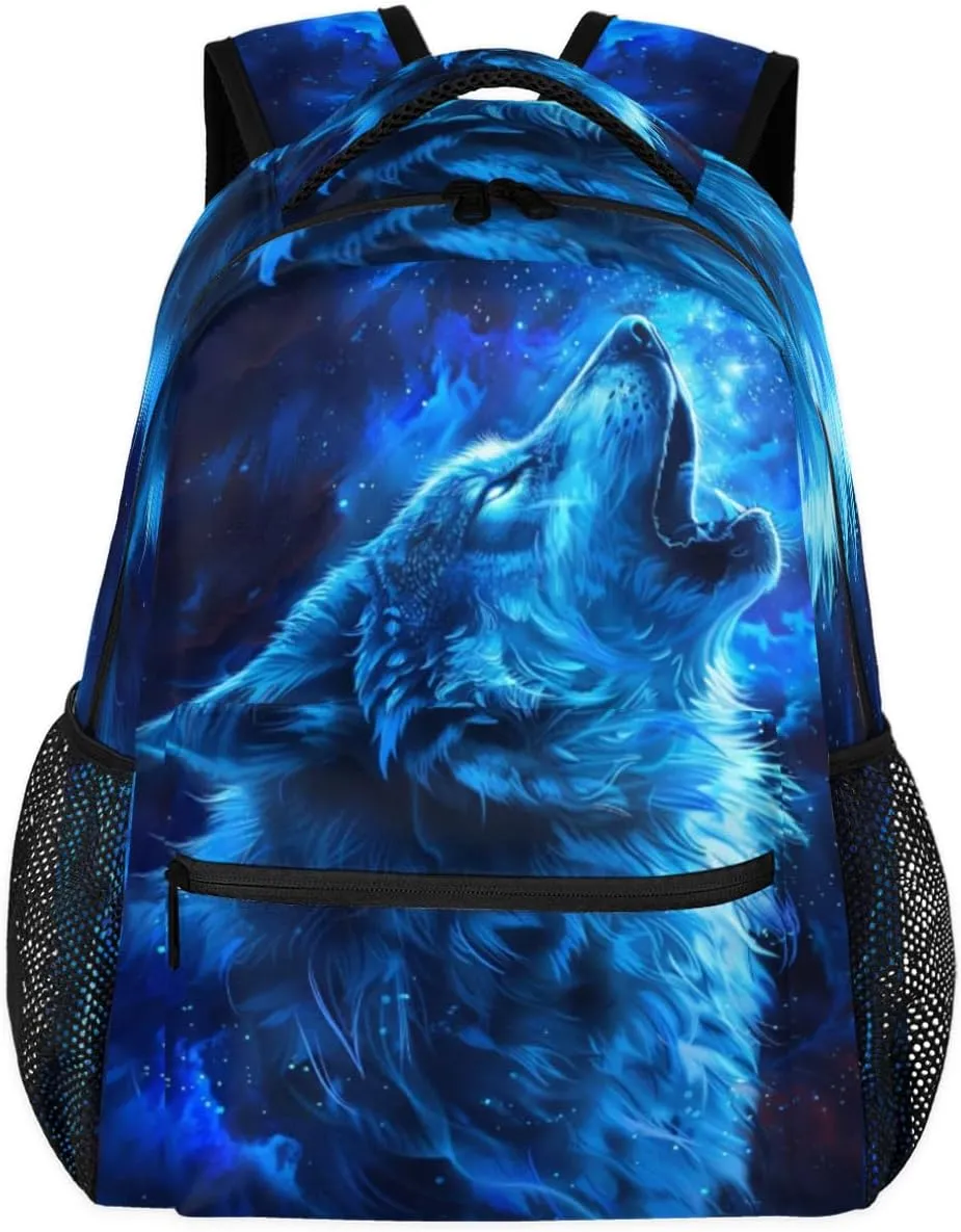 cfpolar Wolf Backpack for School, Blue Wolf Galaxy Space Laptop Backpack Water Resistant Bookbag Computer Bag Travel Hiking Camping Rucksack Daypack Shoulder Bag for Teenager Boys Girls Kids